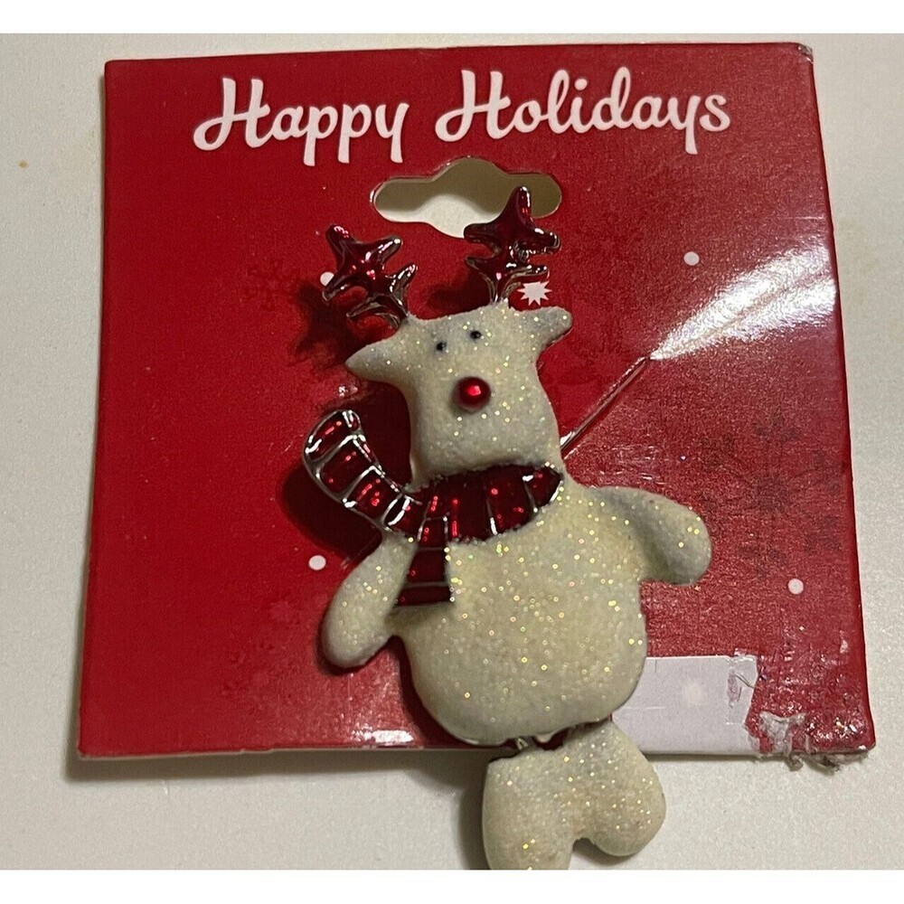 Christmas Reindeer Pin 2 Inch Glitter Enamel Red Scarf Antlers Legs Move New